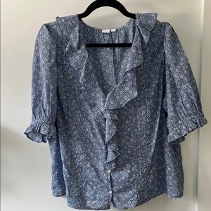 GAP Blue Floral Ruffle Front Button Blouse